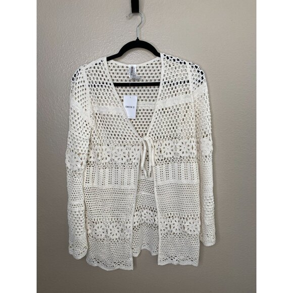 NWT Forever 21 Womens Crochet Open Front Sweater Ivory Medium Swim Coverup - Picture 2 of 5
